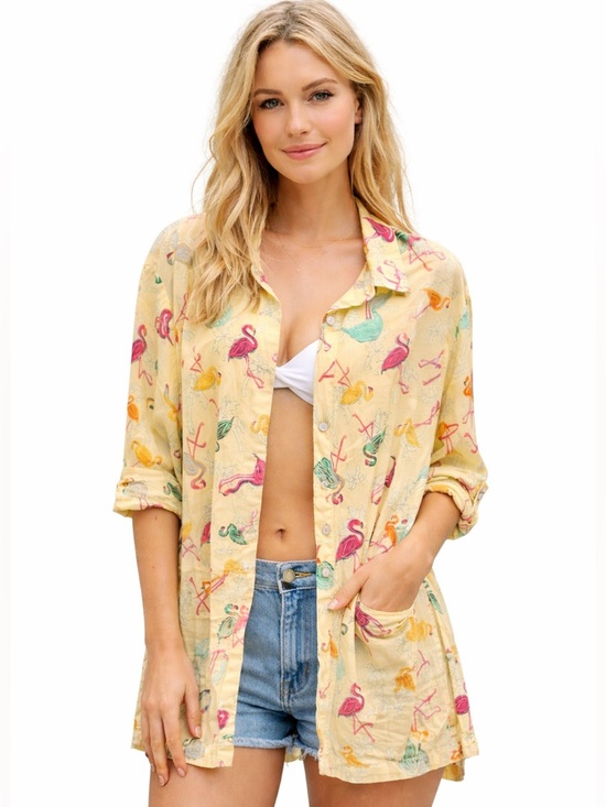 fresh produce Tops - Fresh Produce Women's Button Up Shirt Size M Yellow Flamingos Coverup Cotton